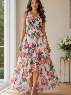 Calvin Klein Pink & Green ROSE Floral High-Low Maxi Dress New With Tags